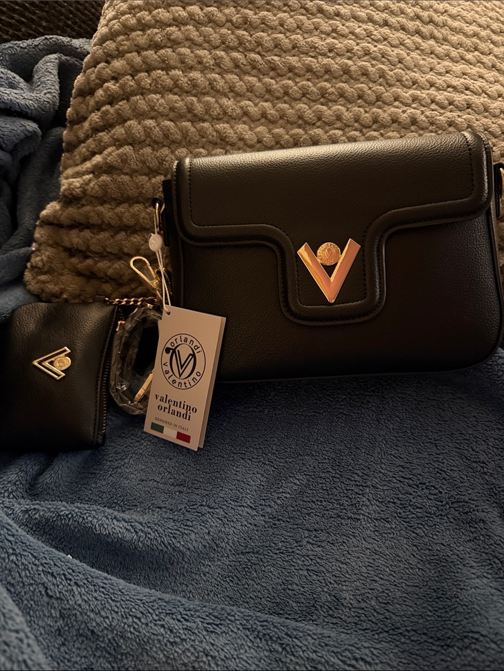 Valentino Orlandi Black Crossbody Bag with Gold V Accent